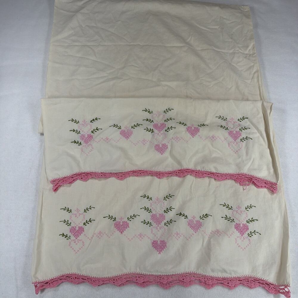 2 Vintage Pillowcases Hand Embroidered Pink Hearts & Crocheted Hem